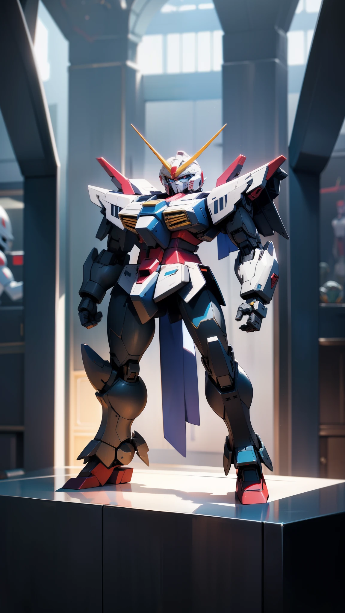 Anime Gundam figure with intricate details and high definition images, showcasing the full body of the towering robot figure with 3D accurate content. Each panel and joint is meticulously crafted, depicting the iconic design with exceptional precision and quality. The figure stands tall and imposing, ready to protect the universe in the best possible way.

Adult's bedroom, clean and well-organized, with a large window showcasing outside scenery. The walls are adorned with Gundam memorabilia, and a LED light display adds an extra touch of realism. In the center of the room, a life-size Gundam figure is positioned, show