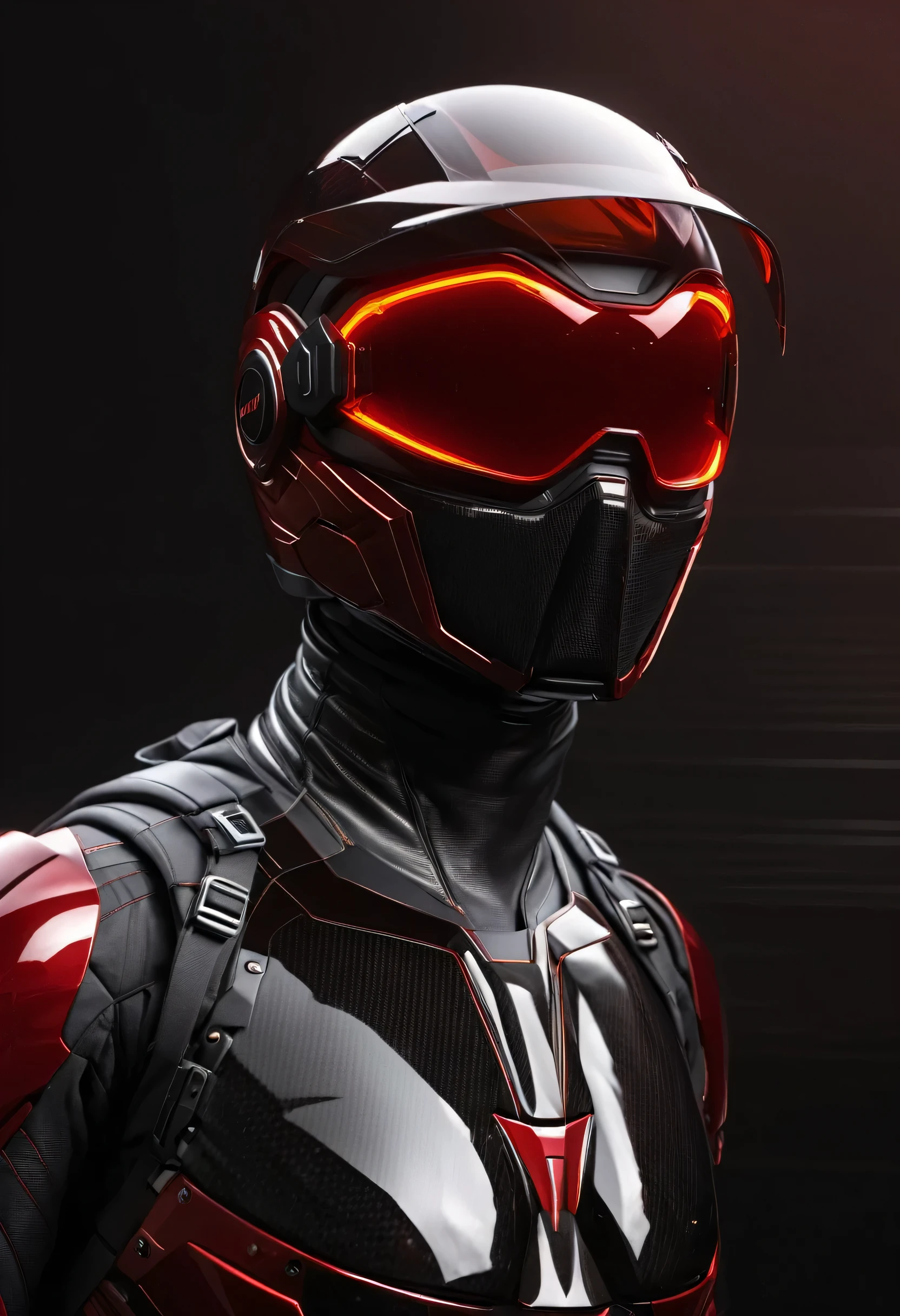Transparent Red Glossy inner lights and carbon fiber suit simple crisp shapes complex detailed red shade visor hyper realist character design master art piece in soft ambient rim light cinematic compose 3D anthitype anarchist sharp focus render 35mm lens