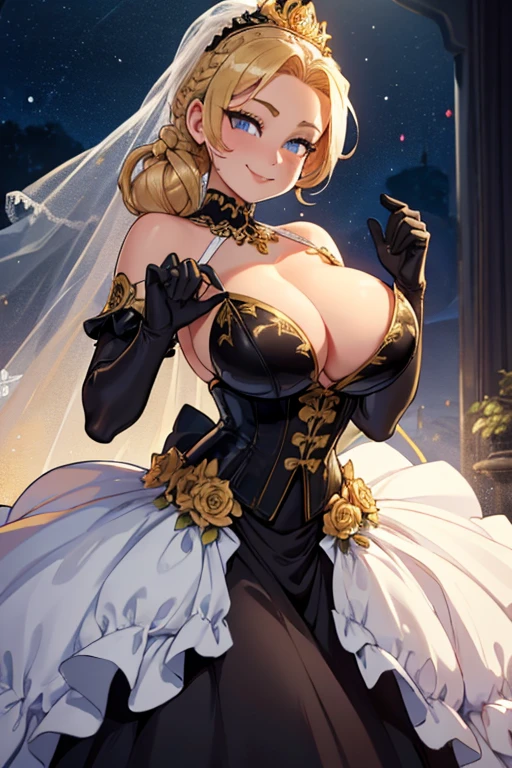 blonde hair, French braid, chignon, hair falling down back, smile, beaming, happy, ecstatic, super happy smile, joyful smile, big tits , massive tits, huge , ((opera gloves)), ((evening gloves)), sash, jewellery, (((Beautiful face))), (((Masterpiece face))),, tiara, elbow gloves, gossamer gloves, corset, prom dress, prom gown, evening dress, evening gown, debutante dress, debutante gown, strapless, massive thighs, big thighs, wedding dress, gold gown, (bows), lots of bows, ((hair bow)),(((black white and gold dress))), warm lighting, ((flower dress design)), big dress, huge dress, massive dress, bimbo,