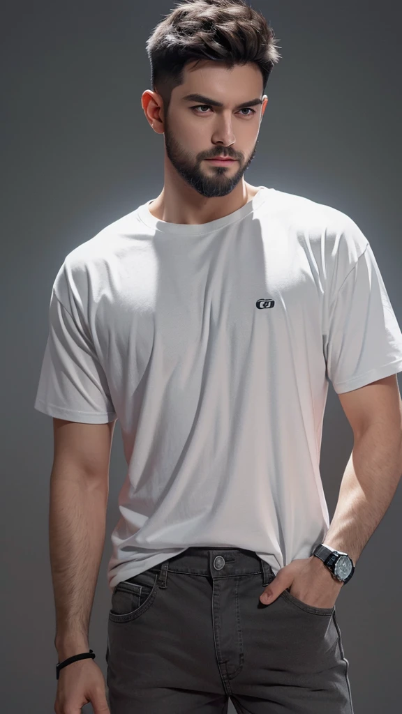 1boy, short hair, (white t-shirt), jeans, beard, wristwatch, (isolated on dark-grey backgroud:1.4), dynamic pose, (soft lighting:1.2), shot on Canon EOS 5D, best quality, ultra high res, (photorealistic:1.4), masterpiece, real life skin, hyper real, perspective