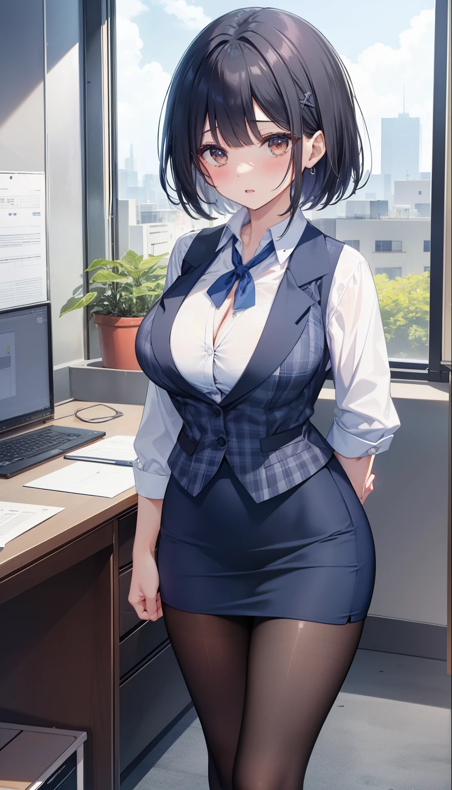 highest quality, Flying debris、Beautiful woman、Office Lady、Black Hair、(Brown eyes、Big Breasts、Blunt bangs)、short hair、Dark blue checked office suit)、new employee,Full Body Shot、Female office lady、break(Dark blue checked vest、White dress shirt、Navy blue mini tight pencil skirt:1.2)、(Black Pantyhose、garter belt、High heels)、break(office:1.3)、Cleavage、Shirt buttons fly off、Absolute area、Blushing、Embarrassed、Standing posture、Open your mouth、Exposing the breasts、Bare your breasts、No panties、No bra、Nipples are visible、Expose the nipple