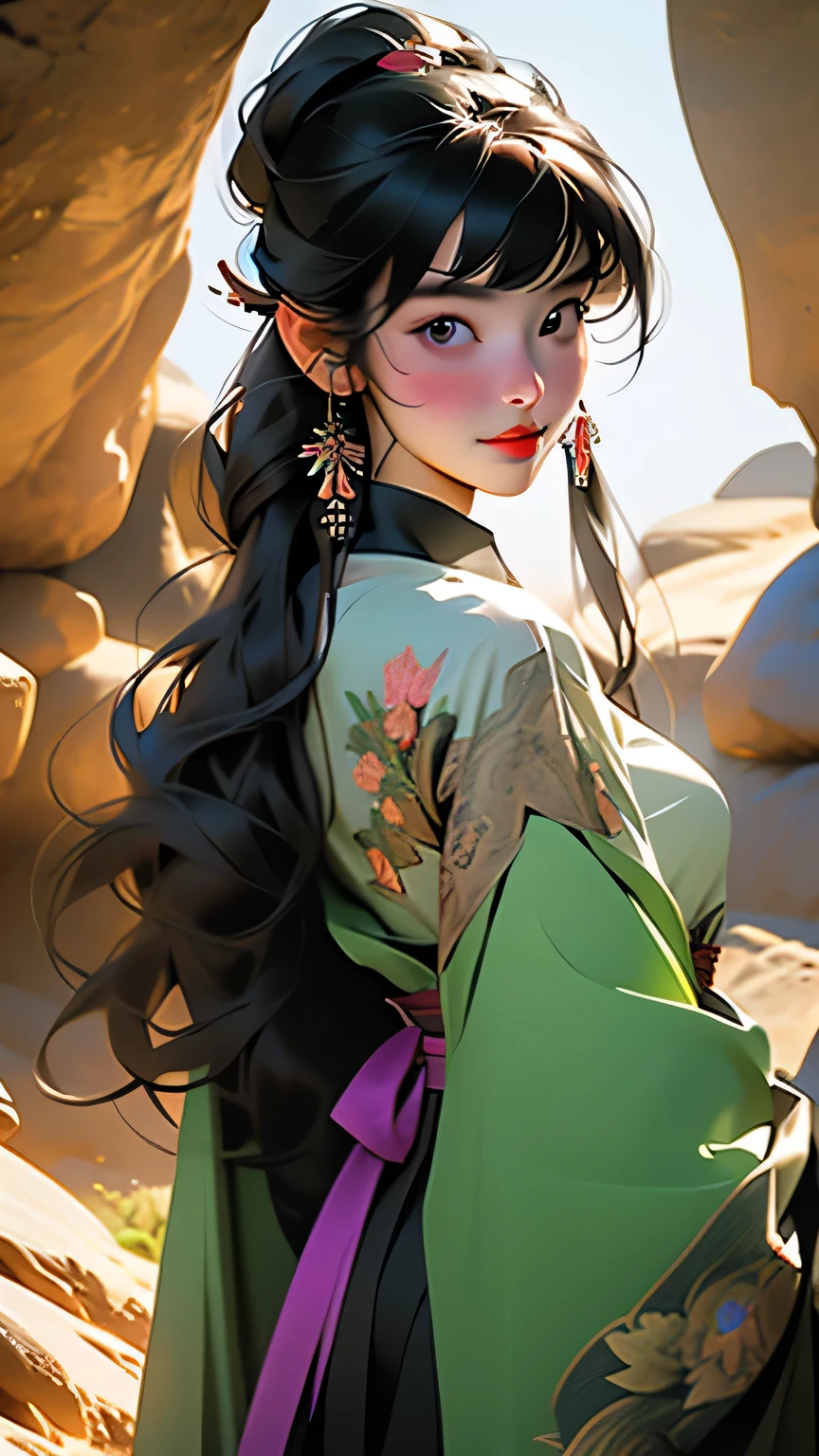 最high quality, (Realistic:1.2), One girl, alone, Detailed face, Face Focus, Are standing, Black Hair,(hair ornaments:1.35),office lady, Sleeves edged with ribbon, Removable sleeves, Ribbon trim, Wide sleeves, (View Viewer:1.5) Long Hair, Iris, bangs, lips, Detailed face、Detailed eyes、Detailed long eyelashes、Detailed lips、 (Upper body portrait)、masterpiece, 最high quality, high quality, High resolution, (In a dimly lit cave),