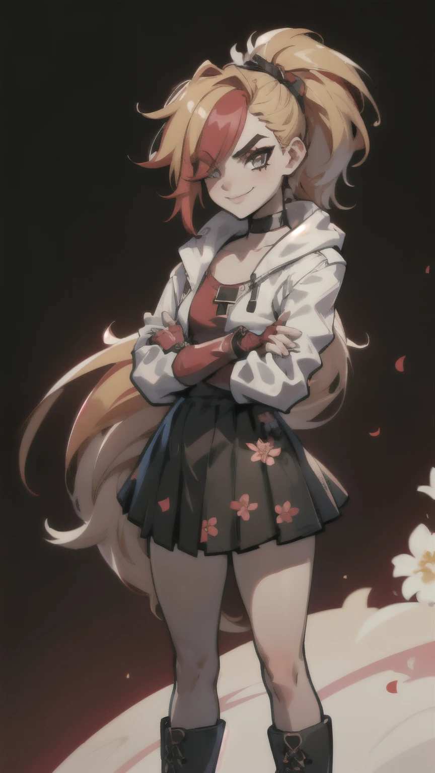 (best quality:1.2),solo,1girl,mdrin,smile,looking at viewer,crossed arms,ponytail,v-shaped eyebrows,white jacket,red shirt,fingerless gloves,black skirt,choker,illustration,floral garden background,warm color tones,soft lighting, Hair over one eye, ultra long hair, standing on hooftop, long boots