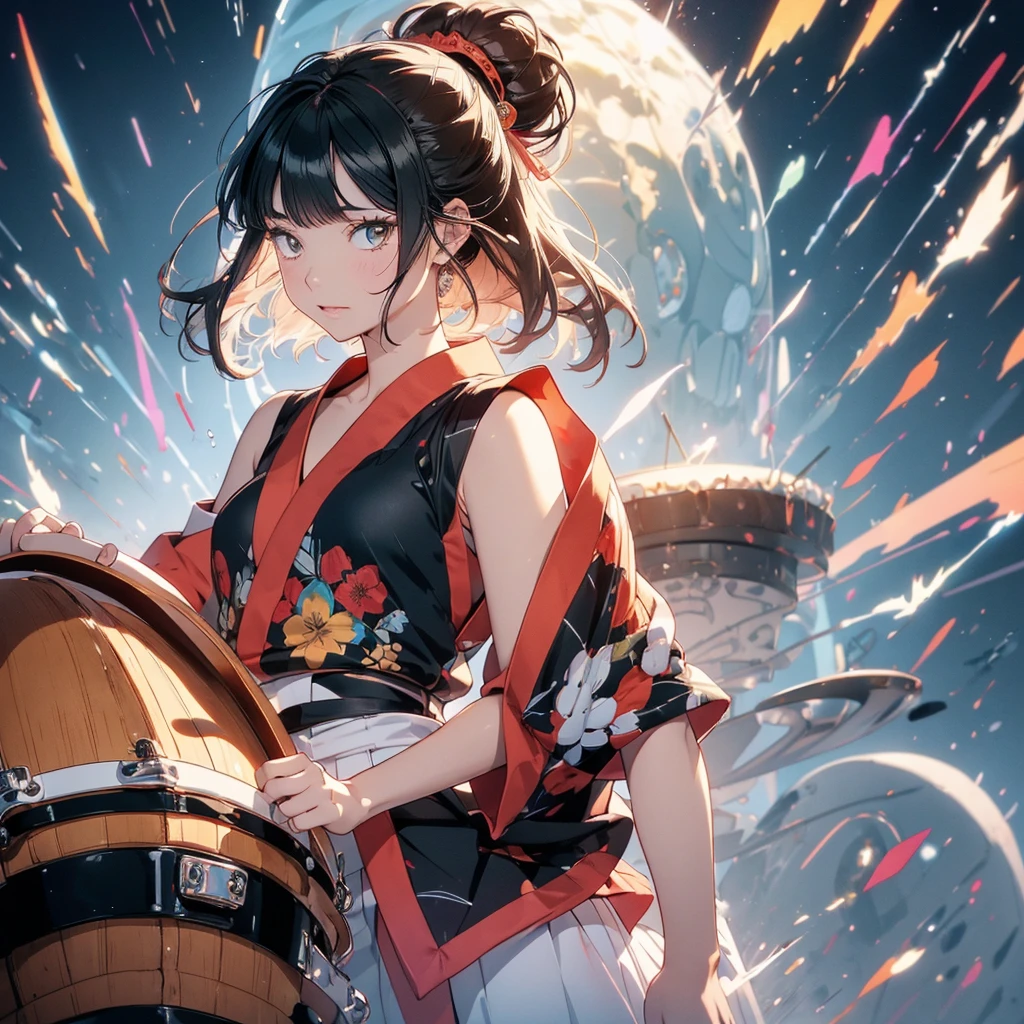 t4n4k4, black and red sleeveless kimono、highest quality、Masterpiece、Official Art、Award-winning works、photograph、The best light source、Japanese drum、Japanese drumを打つ美少女、Representing the sound pressure of a drum、hot air、force、kimono, from behind, off shoulder, Lively, bright eyes、Colorful portraits、Black Hair、Torsion、A picture of the moment the drums are struck、Frontal composition facing the viewer、Holding drumsticks in both hands、Left hand on top, right hand on drum、