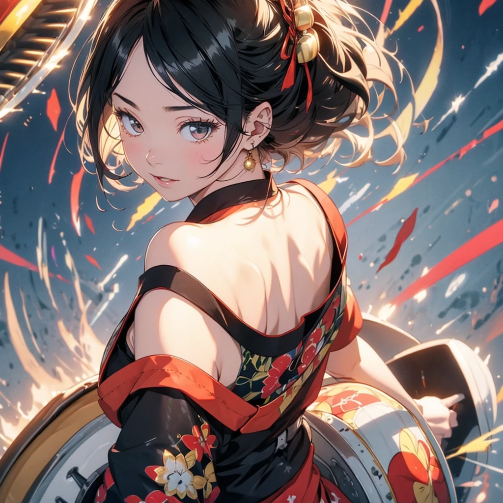 t4n4k4, black and red sleeveless kimono、highest quality、Masterpiece、Official Art、Award-winning works、photograph、The best light source、Japanese drum、Japanese drumを打つ美少女、Representing the sound pressure of a drum、hot air、force、kimono, from behind, off shoulder, Lively, bright eyes、Colorful portraits、Black Hair、Torsion、A picture of the moment the drums are struck、Frontal composition facing the viewer、Holding drumsticks in both hands、Left hand on top, right hand on drum、