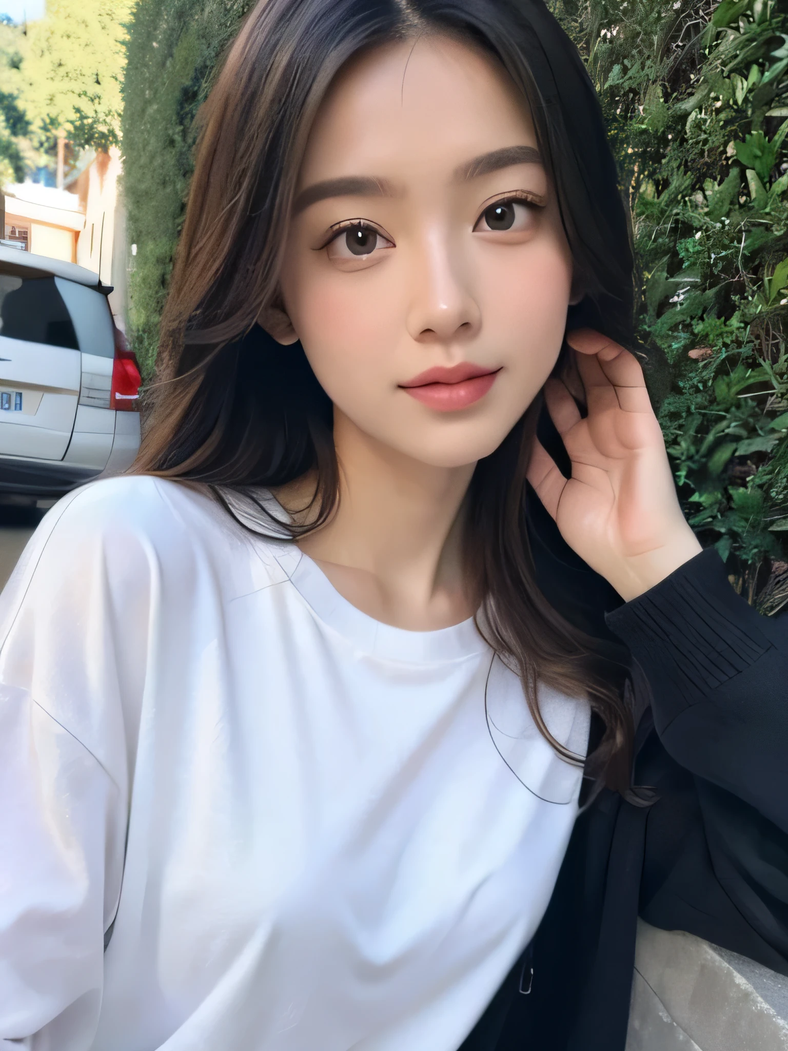 Let&#39;s be a Thai girl with pink skin., Beautiful eyes (conjunctivitis) As deep as the night sky, A half sad face lay on the table., white hair, looking at you, with anime/Semi-realistic art style