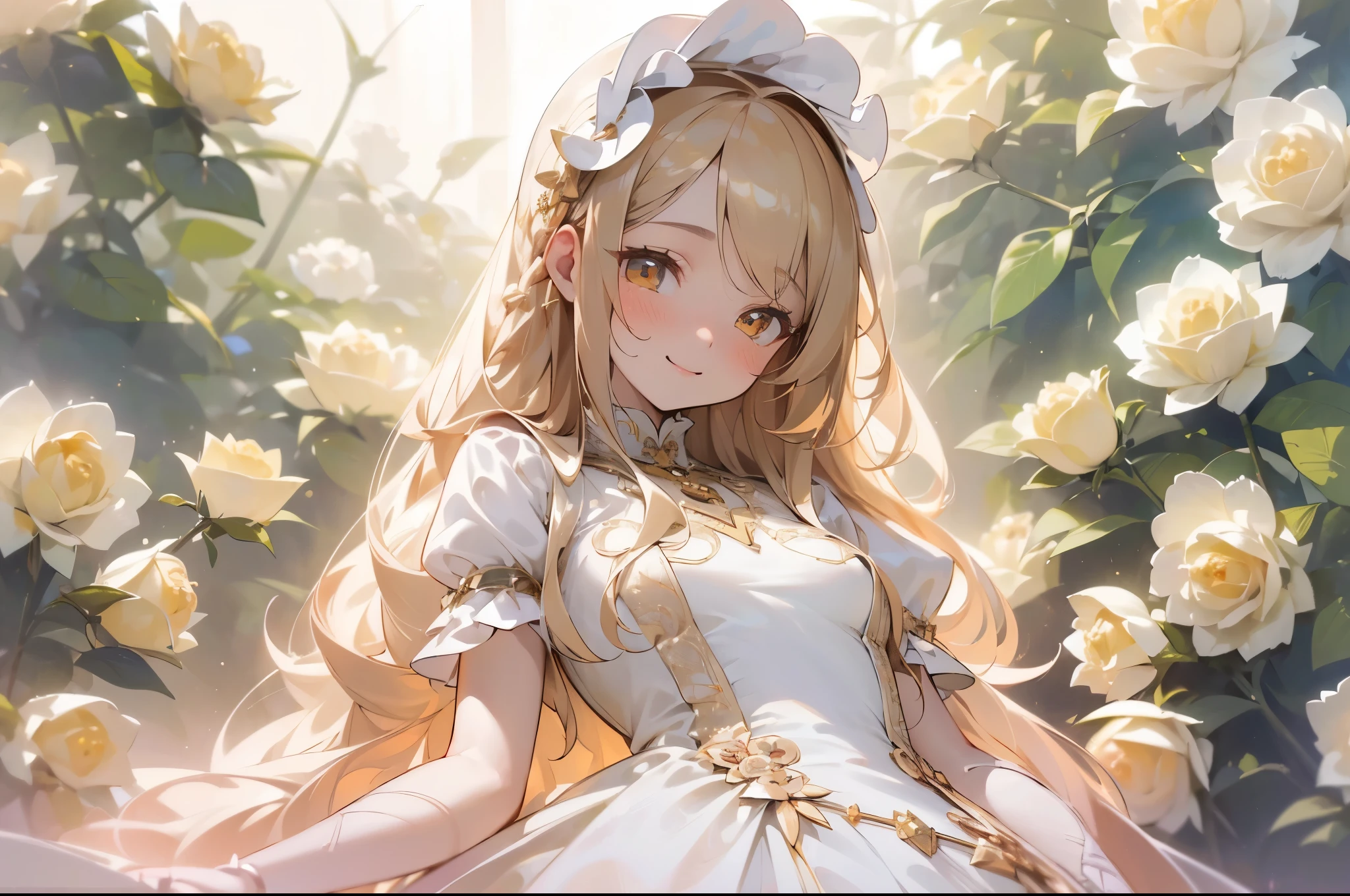 ((Masterpiece)), (High Definition:1.3), Beautiful,(Masterpiece), 8K, Super detail, Realistic, Beautiful photo,wide shot, (1girl), Textured skin, cinematic lighting, Rose embroidery and Gorgeous dress, Gothic ta cute white-dress((ultra detail)),(cute beautiful girl, small breast, ((pale gold long hair)), very silky hair), smile face, stand on the velvet red-carpet