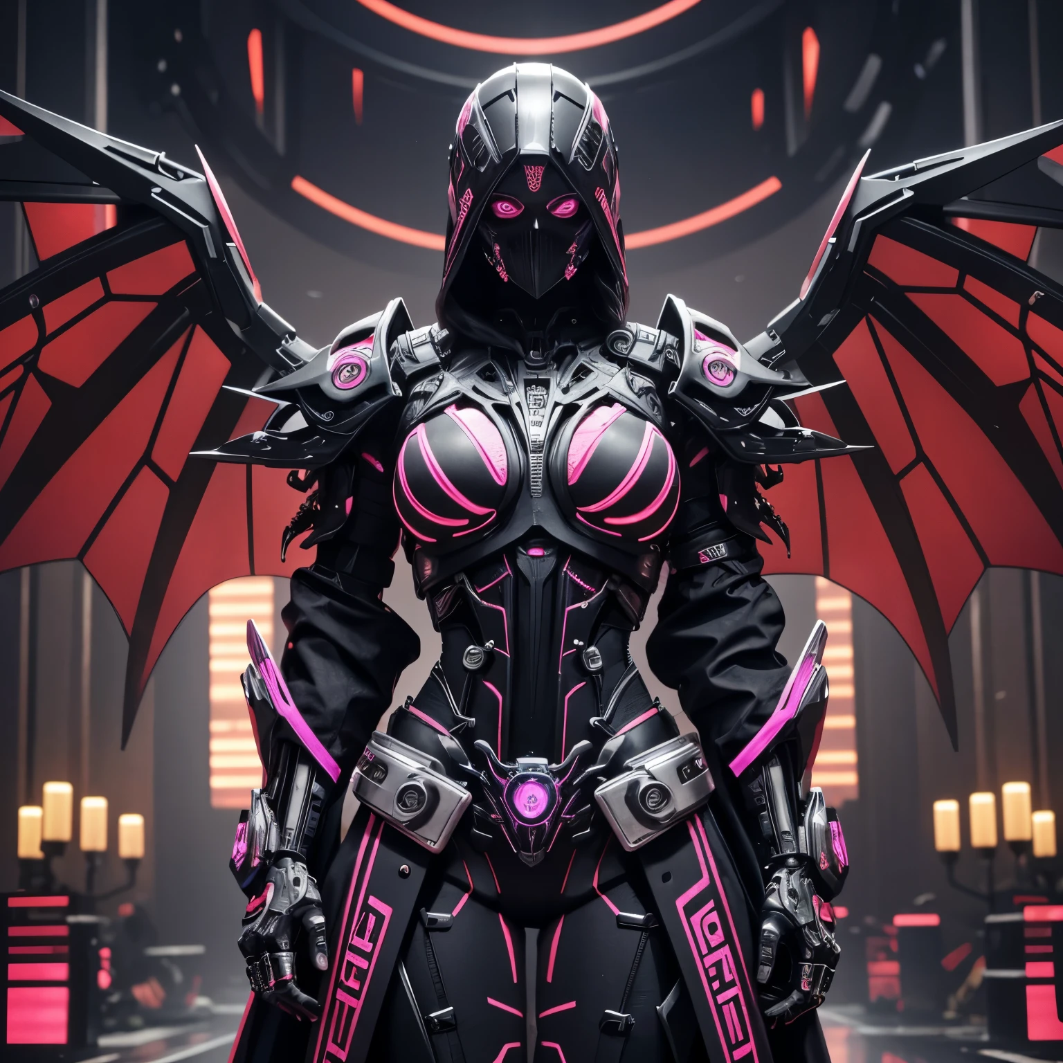 a woman wearing an exo-skeleton mask on a fashion runway, vibrant neon lighting, teenage model, intricate mechanical design, high-tech futuristic cyberpunk style, dynamic pose, dramatic lighting, colorful dystopian background, detailed metal textures, glossy wet look, hyper-realistic, 8k, photorealistic, cinematic, masterpiece
