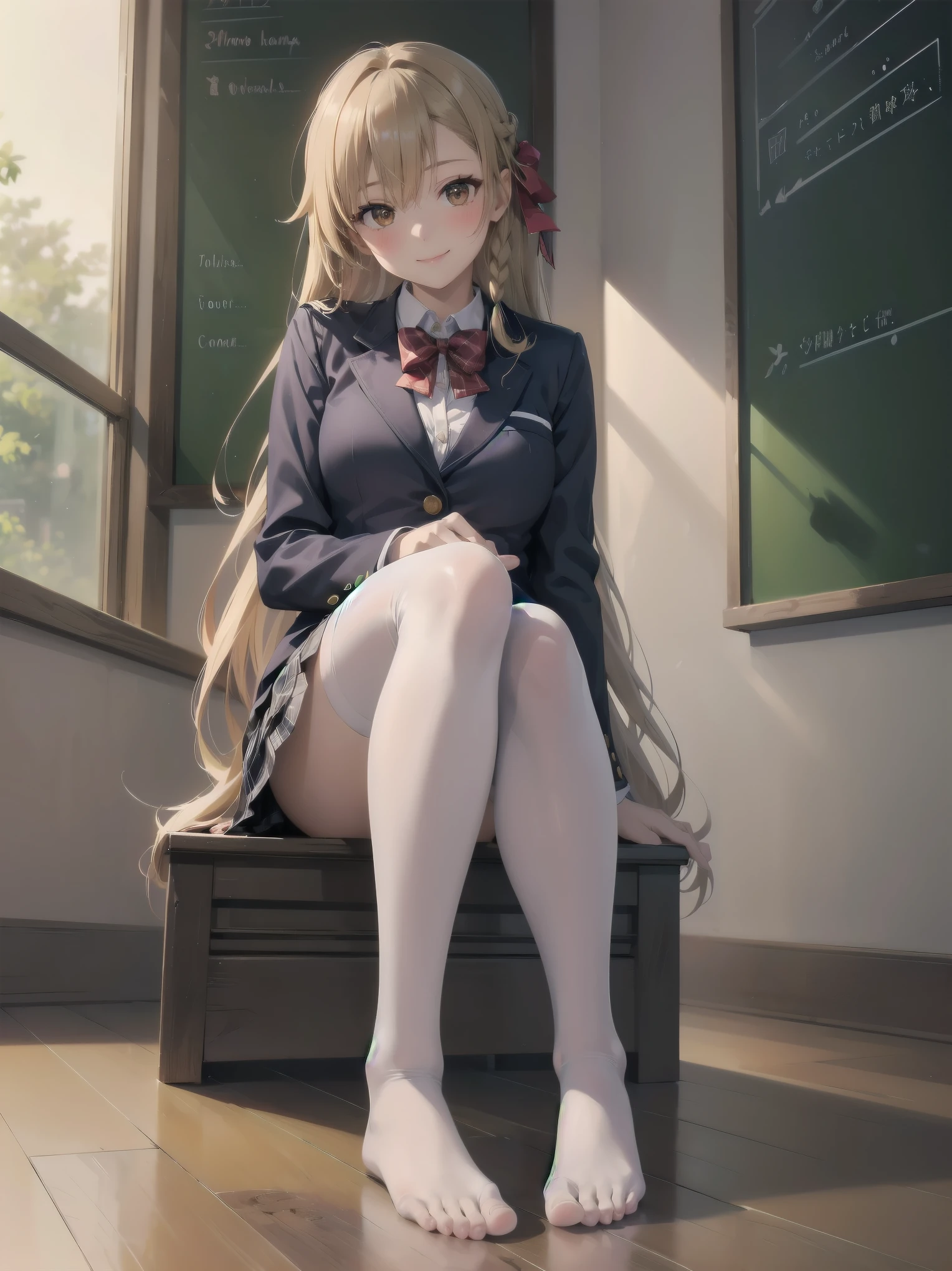 1girl, solo, long hair, breasts, looking at viewer, blush, smile, bangs, skirt, blonde hair, brown hair, shirt, thighhighs, long sleeves, bow, brown eyes, sitting, closed mouth, , jacket, full body, white shirt, braid, thighs, pleated skirt, collared shirt, indoors, bowtie, red bow, feet, white thighhighs, lips, legs, parted bangs, plaid, toes, plaid skirt, no shoes, blazer, blue jacket, red bowtie, knees up, on floor, chalkboard, asuna \(sao\)