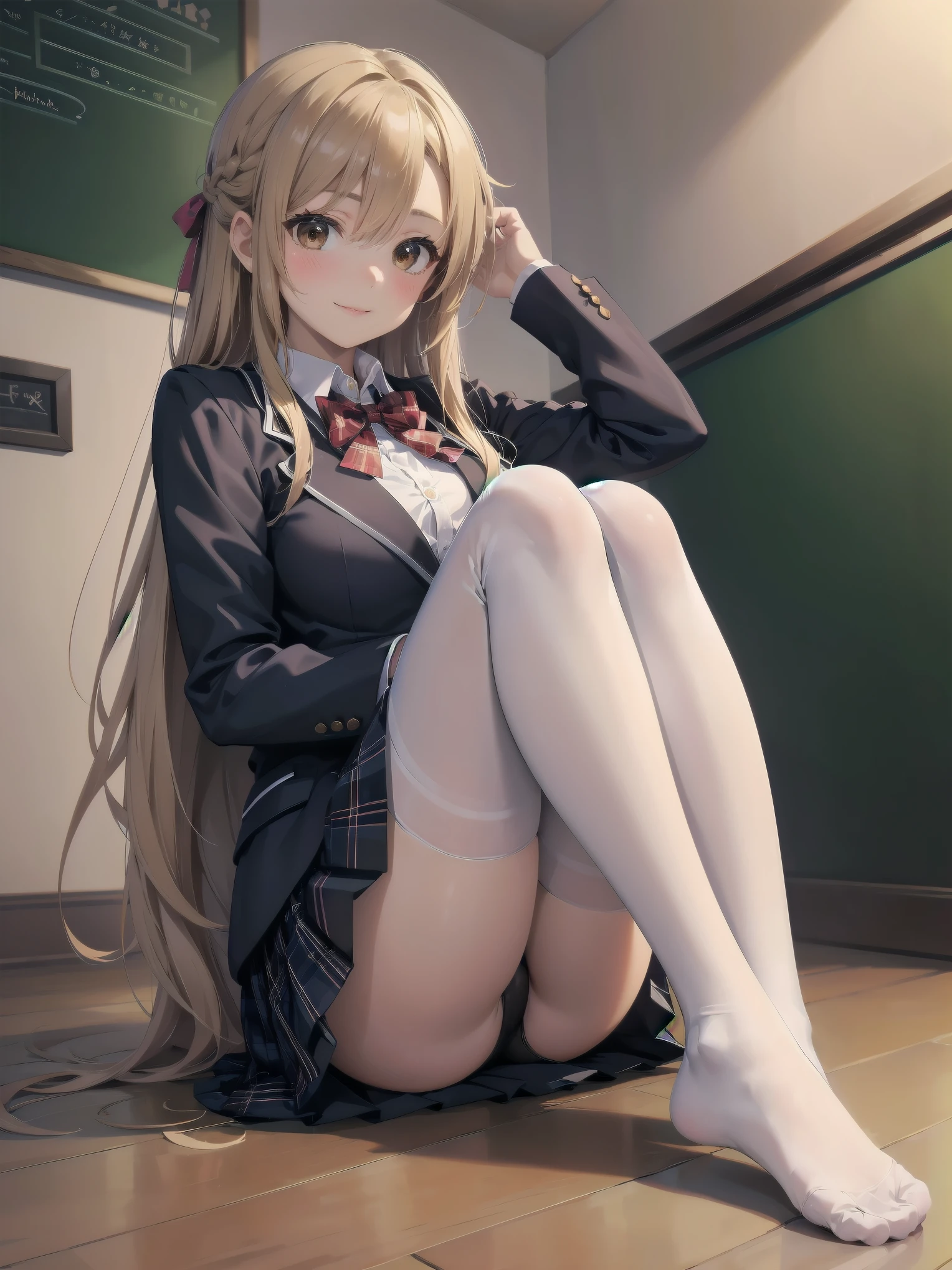 1girl, solo, long hair, breasts, looking at viewer, blush, smile, bangs, skirt, blonde hair, brown hair, shirt, thighhighs, long sleeves, bow, brown eyes, sitting, closed mouth, , jacket, full body, white shirt, braid, thighs, pleated skirt, collared shirt, indoors, bowtie, red bow, feet, white thighhighs, lips, legs, parted bangs, plaid, toes, plaid skirt, no shoes, blazer, blue jacket, red bowtie, knees up, on floor, chalkboard, asuna \(sao\)