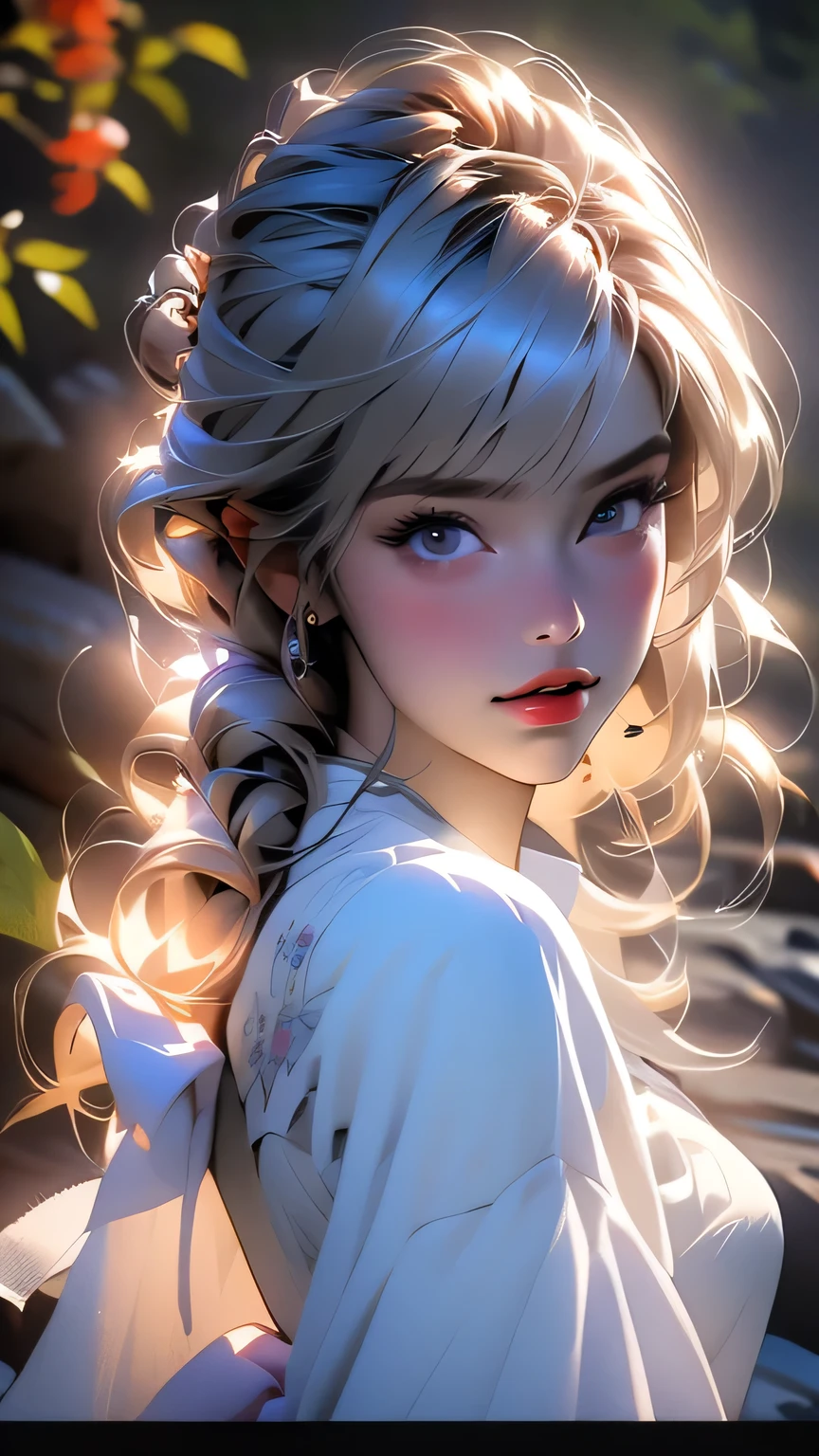 最high quality, (Realistic:1.2), One girl, alone, Detailed face, Face Focus, Are standing, Black Hair,(hair ornaments:1.35),office lady, Sleeves edged with ribbon, Removable sleeves, Ribbon trim, Wide sleeves, (View Viewer:1.5) Long Hair, Iris, bangs, lips, Detailed face、Detailed eyes、Detailed long eyelashes、Detailed lips、 (Upper body portrait)、masterpiece, 最high quality, high quality, High resolution, (In a dimly lit cave),