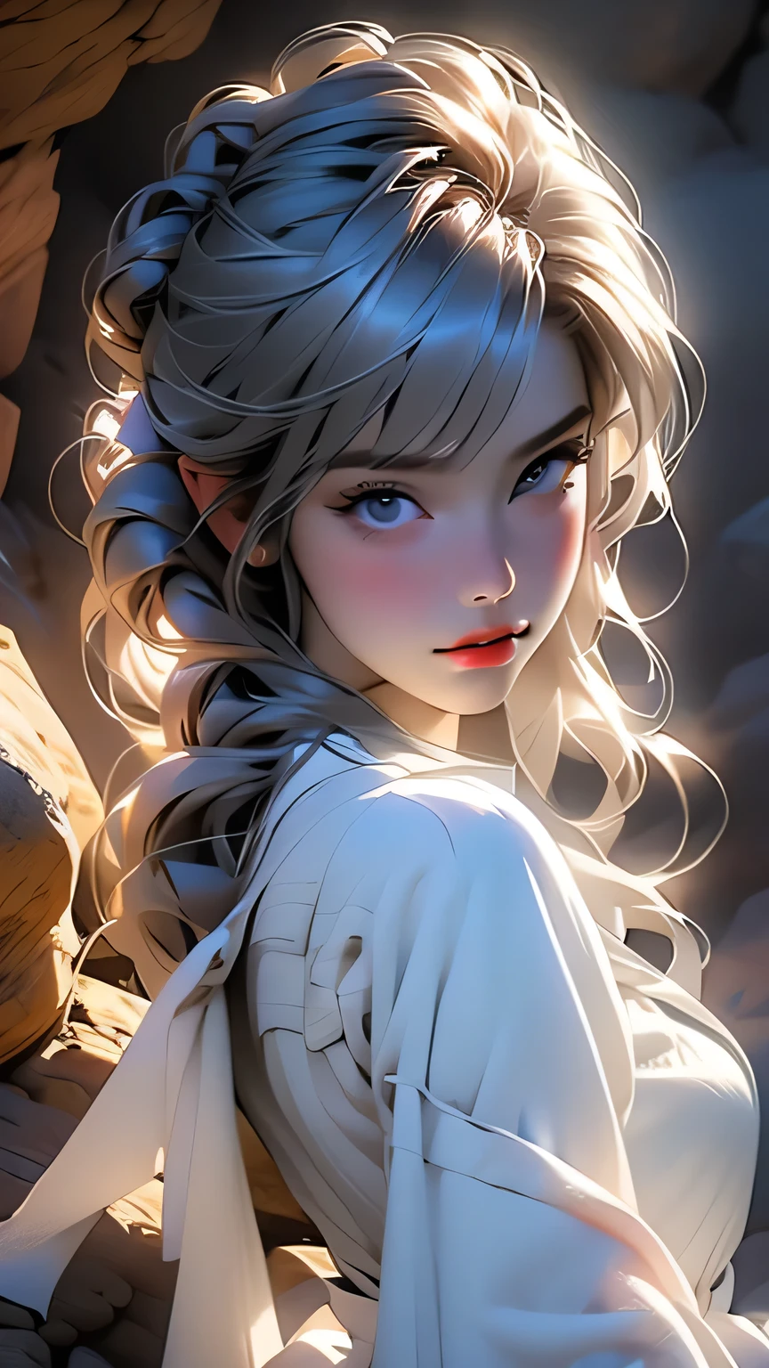 最high quality, (Realistic:1.2), One girl, alone, Detailed face, Face Focus, Are standing, Black Hair,(hair ornaments:1.35),office lady, Sleeves edged with ribbon, Removable sleeves, Ribbon trim, Wide sleeves, (View Viewer:1.5) Long Hair, Iris, bangs, lips, Detailed face、Detailed eyes、Detailed long eyelashes、Detailed lips、 (Upper body portrait)、masterpiece, 最high quality, high quality, High resolution, (In a dimly lit cave),