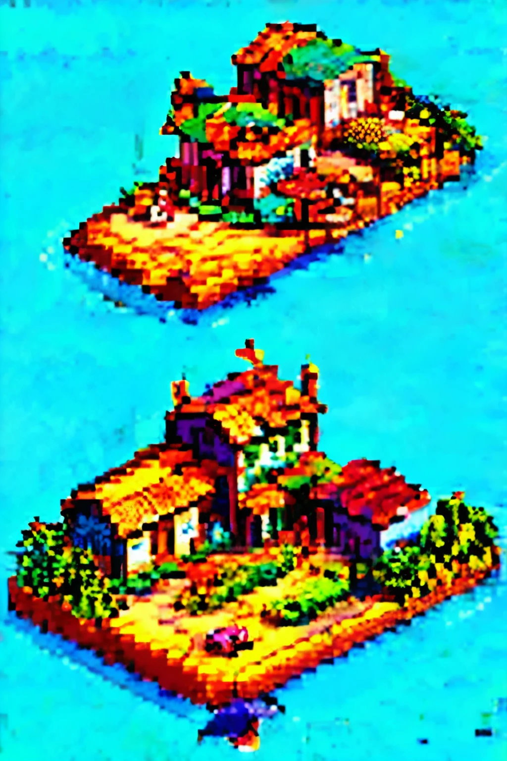 Create a vibrant pixel art icon (64x64 pixels) of a Brazilian favela, featuring densely stacked colorful houses, tropical vegetation, detailed urban elements (like rooftops, water tanks, TV antennas), and small characters, using a bright palette with shading for depth.