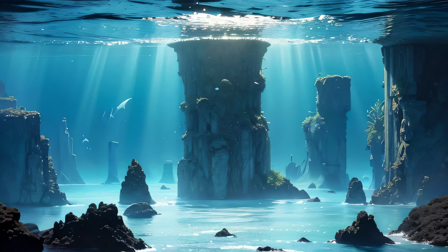 To create an image that conveys a sense of vastness based on the previous description, you can provide the following prompt to the AI drawing tool:
Create an expansive underwater scene dominated by deep blue tones, depicting a vast and majestic ocean world. Sunlight filters through the water's surface, forming countless delicate beams of light that resemble golden ribbons dancing in the water. These beams illuminate the extensive coral reefs and gently swaying seaweed, adding a touch of warmth and emphasizing the immense scale of the underwater world.
In the center of the image, place an ancient ruin, resting quietly on the sandy seabed. The ruin consists of massive stone pillars and broken walls, covered in thick layers of seaweed and shells, exuding an aura of age and mystery. Ensure the outline of the ruin is faintly visible under the light, suggesting an ancient civilization forgotten by time.
The background should feature a deep ocean gradient, transitioning from deep blue to black, emphasizing the vastness of the sea. Small marine creatures swim around, enhancing the sense of scale and vitality. The entire image should evoke a feeling of mystery, adventure, and the grandeur of the underwater world, inviting viewers to explore its endless secrets.
This prompt emphasizes the vastness and grandeur of the scene, ensuring the AI understands the desired expansive feeling.