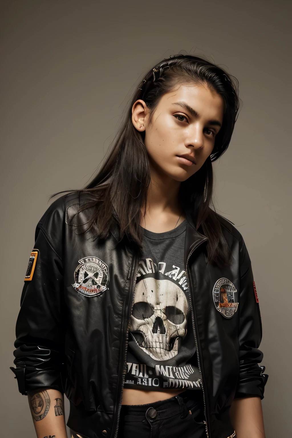 A profile photo of a 13-year-old  who has dark, dense hair, cortados num estilo moicano. The sides of the head are shaved, while the top is kept longer and combed up into choppy ends. Ele veste uma camisa preta de uma banda de rock, com o logotipo em destaque no peito, shirt sleeves are rolled up to the elbows, revelando pulsos adornados com pulseiras de couro e metal. Por cima da camisa, ele usa uma jaqueta de couro surrada. The jacket displays several rock band patches and pins with skulls and symbols related to rock culture.