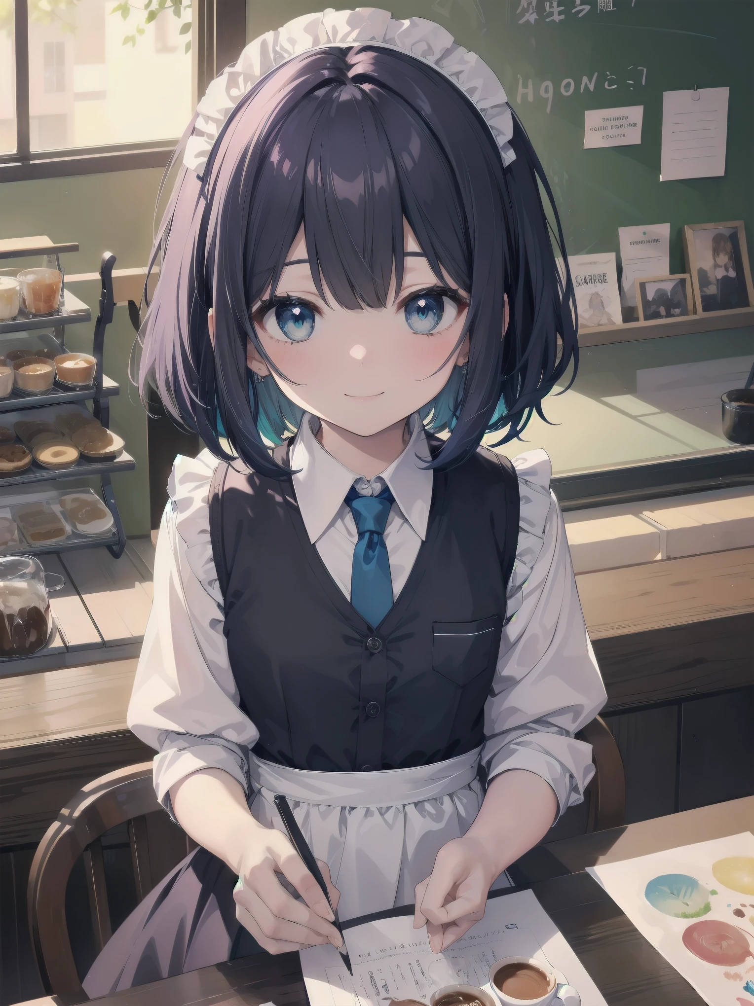 Masterpiece, top quality, super detailed, 16k, Kawaii, pastel colours, soft light, watercolour, small super cute girl, maid, simple maid outfit with long skirt type, cute illustration, classical type coffee shop, smiling,. 
Blake.

akane kurokawa, 1girl, short hair, blue hair, green eyes, black hair, medium hair, white shirt, collared shirt, , vest, white shirt, sweater vest, black vest, blue necktie, one-length bob, create bangs, add some lightness to the area around the face, and leave the ends of the hair thick throughout. dark blue-purple hair, blue eyes,anime