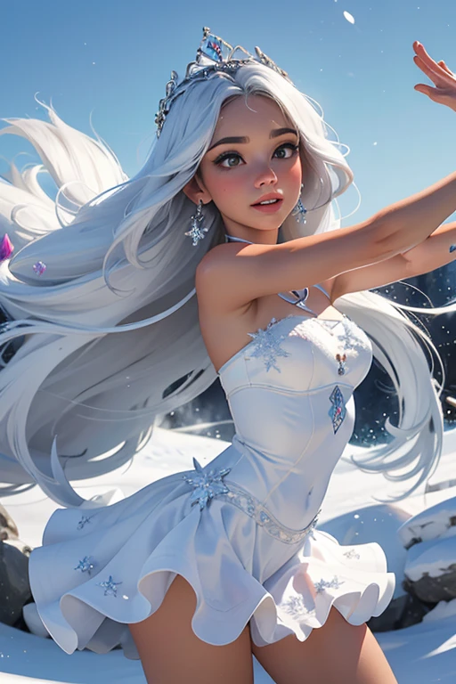 Melhor textura, alta qualidade, ultra HD, 8K, foto de corpo inteiro, panoramic image, neve, flying neveflakes, dancing in the neve, garota, cheio de joias de prata Miao, Roupas Miao, silver phoenix crown, melon seed face, rosto ultra detalhado, olhos azuis, sobrancelhas longas, Pele clara, cabelos longos prateados, long flowing hair, subindo com o vento, neveflake colorful gifts, realista, muito detalhado, alto detalhe, Muito limpo,