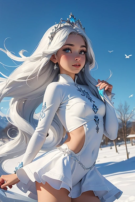 Melhor textura, alta qualidade, ultra HD, 8K, foto de corpo inteiro, panoramic image, neve, flying neveflakes, dancing in the neve, garota, cheio de joias de prata Miao, Roupas Miao, silver phoenix crown, melon seed face, rosto ultra detalhado, olhos azuis, sobrancelhas longas, Pele clara, cabelos longos prateados, long flowing hair, subindo com o vento, neveflake colorful gifts, realista, muito detalhado, alto detalhe, Muito limpo,