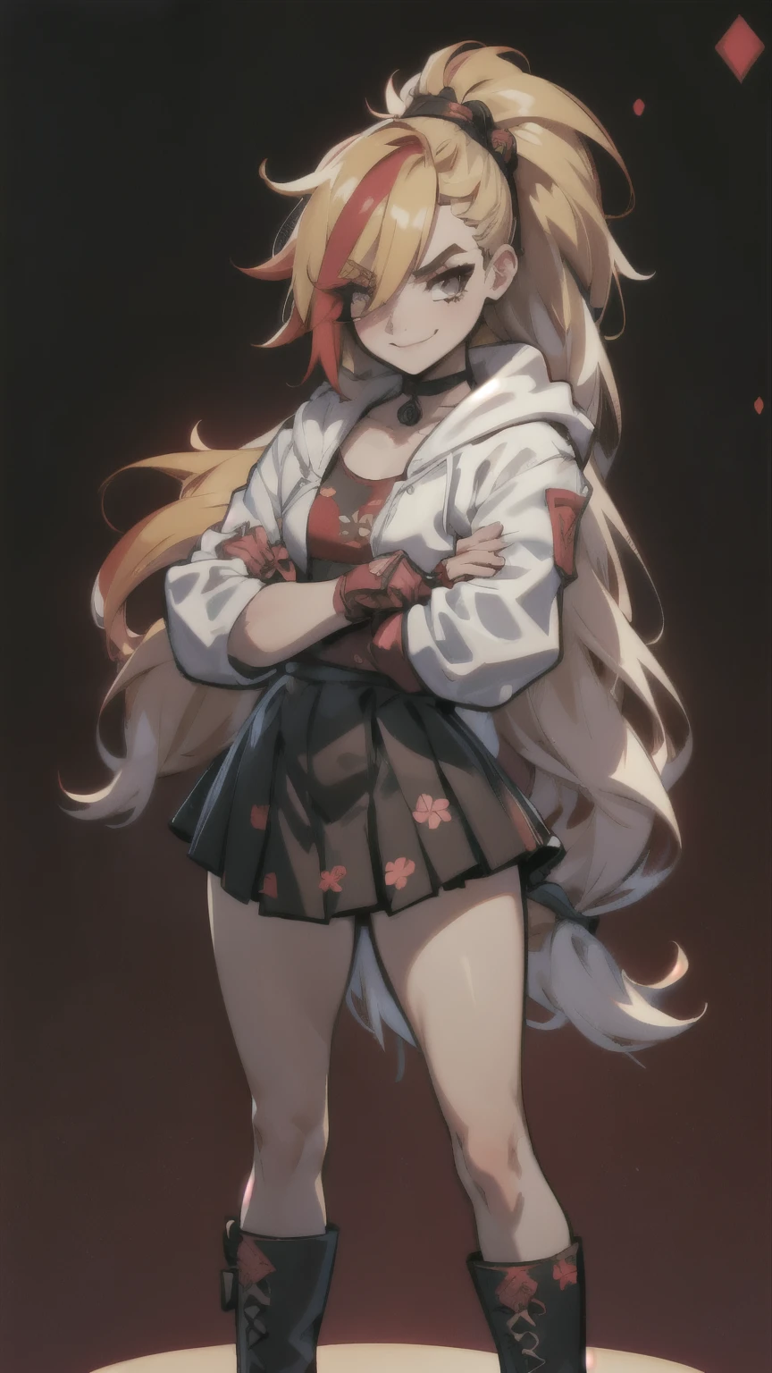 (best quality:1.2),solo,1girl,mdrin,smile,looking at viewer,crossed arms,ponytail,v-shaped eyebrows,white jacket,red shirt,fingerless gloves,black skirt,choker,illustration,floral garden background,warm color tones,soft lighting, Hair over one eye, ultra long hair, standing on hooftop, long boots