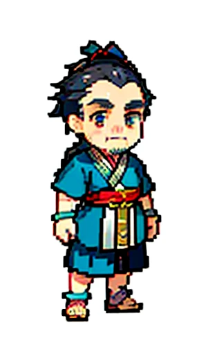 Old man in ancient Chinese costume、Wise Old Man、Looking into the camera、There is a topknot on the head、Long sleeve、Hanfu、Black Hair、Standing and posing with arms crossed、part your bangs in the middle、Pixel art、(masterpiece, highest quality, highest quality), pixel,pixel art,whole body,Characters in Romance of the Three Kingdoms、Transform、beard、Short Deformation