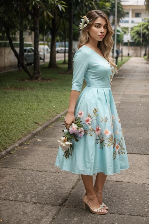 Crie uma mulher de cabelos cacheados, vestido florido, sapatos pretos.