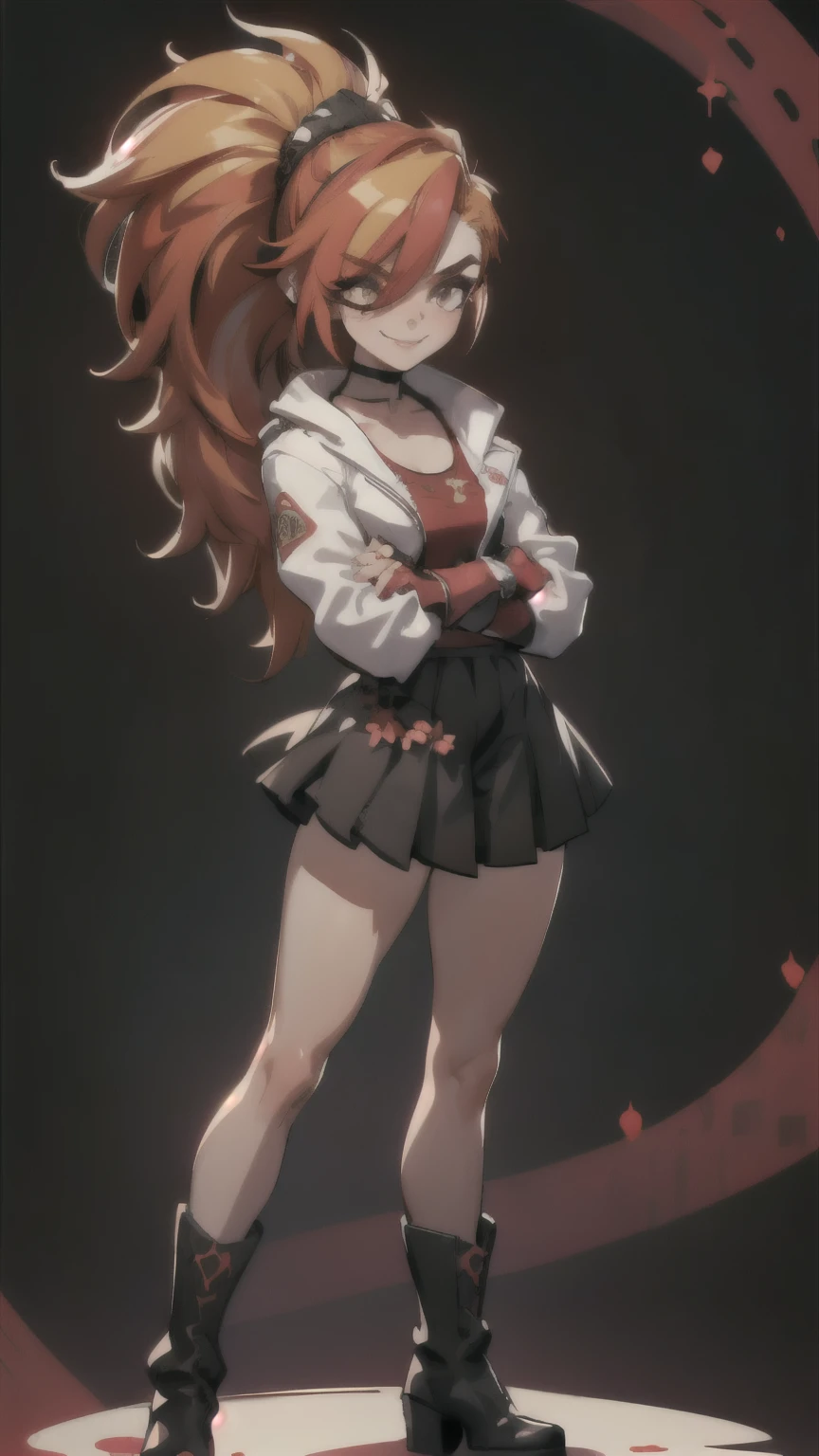 (best quality:1.2),solo,1girl,mdrin,smile,looking at viewer,crossed arms,ponytail,v-shaped eyebrows,white jacket,red shirt,fingerless gloves,black skirt,choker,illustration,floral garden background,warm color tones,soft lighting, Hair over one eye, ultra long hair, standing on hooftop, long boots