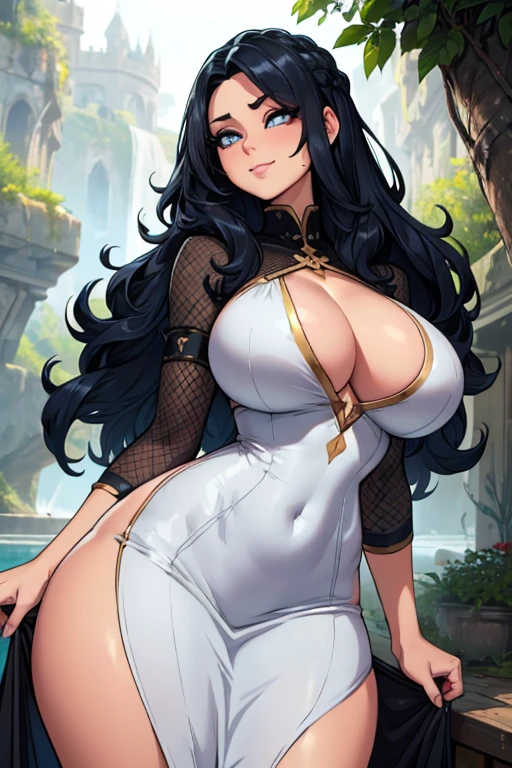 Very detailed, beautiful, highest quality, detailed beautiful round eyes, beautiful detailed face, Whole Body Ezbian, huge breasts, cleavage, Medium Long Hair, Casual Hairstyles, (Random color hair, Golden mesh), Big eyes, Random color eyes, Long eyelashes, Thick mascara, Dark eyeliner, (huge chest), (Bust about to burst:1.4), Rich servings, Thick waist), (Wide Hips:1.4, Toned thighs, Body Curves), woman, (tight dress), Perfect Face, Perfect body, Sexy pose, (A shy smile), Random Location, nature, Asahi, (alone)