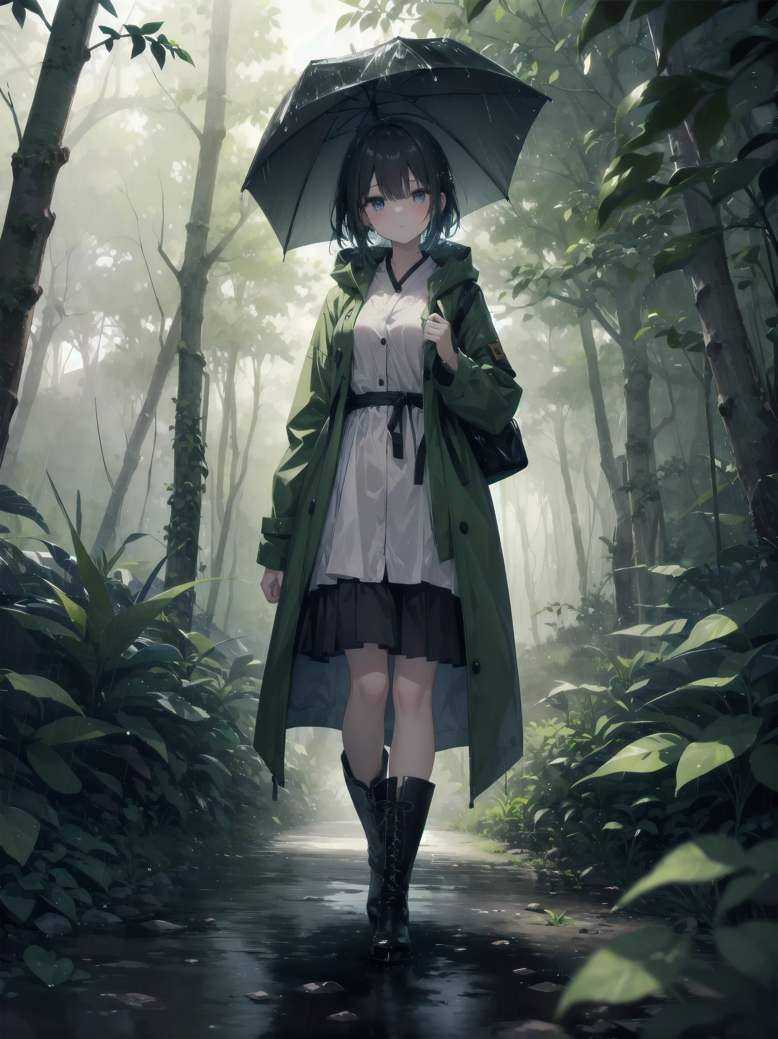 (Rain forest and woman、Raincoat、Boots、Walking in the woods)
In the rainy forest、Raincoatを着た女性がBootsを履き、Walking quietly。wood々The leaves are dripping with rain.、There is mud under her feet。Raincoatのフードが彼女の顔を守り、The sound of rain creates a pleasant rhythm。In her eyes, the green forest spreads、The tranquil beauty is soothing to the soul。