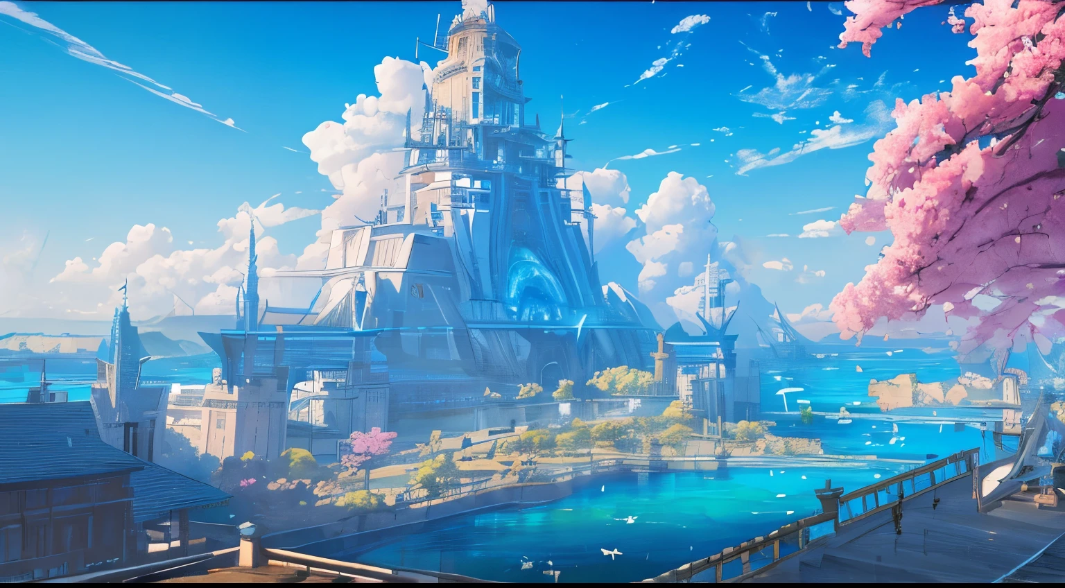 Masterpiece, high detail, 8K resolution, ConceptArt, scenery, water, sky, day, tree, cloud, nature, sea, ancient city of water, ancient waterway, ship harboring, blue sky, from above, Makoto Shinkai artstyle