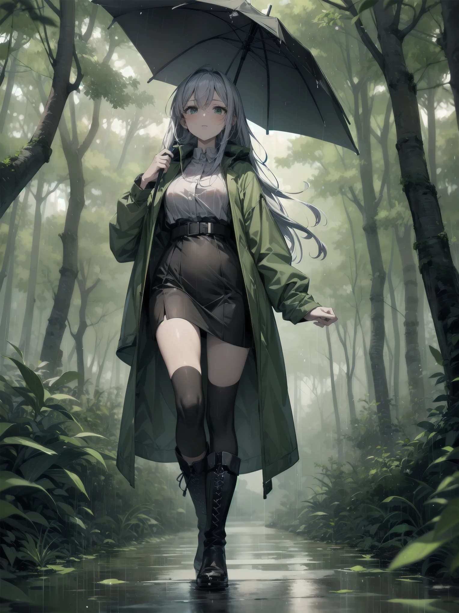 (Rain forest and woman、Raincoat、Boots、Walking in the woods)
In the rainy forest、Raincoatを着た女性がBootsを履き、Walking quietly。wood々The leaves are dripping with rain.、There is mud under her feet。Raincoatのフードが彼女の顔を守り、The sound of rain creates a pleasant rhythm。In her eyes, the green forest spreads、The tranquil beauty is soothing to the soul。