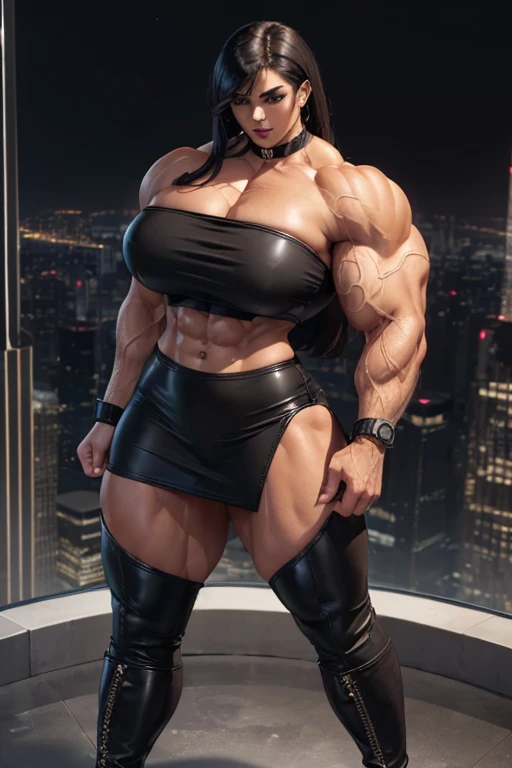 ((((Massive, beautiful, buff, light brown skinned, muscular woman with black hair, black lipstick, ginormous bulky muscles and wearing a cropped strapless black leather top and black leather pencil skirt)))), (close view), leather pants, massive muscles, massive biceps, hyper muscle triceps, (long straight hair), leather pencil skirt, orange eyes, wristband, chained belts, high heels boots, top of a dark skyscraper, night, smug smirk, hyper muscles arms, hyper muscle legs, massive arms.