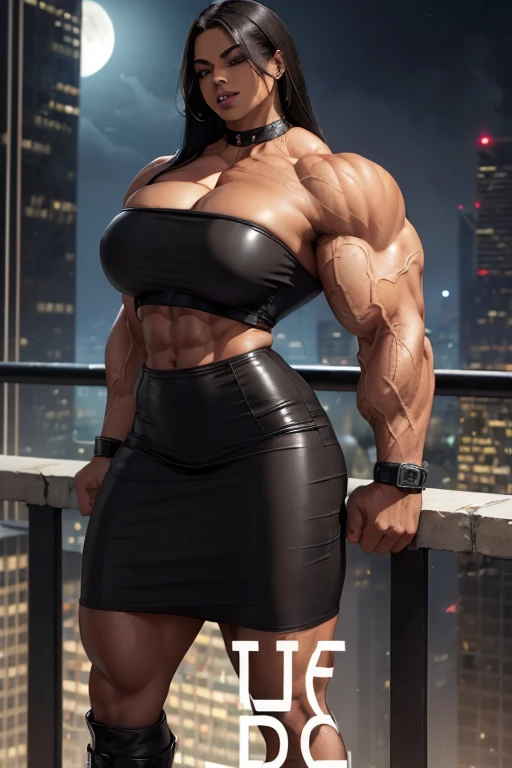 ((((Massive, beautiful, buff, light brown skinned, muscular woman with black hair, black lipstick, ginormous bulky muscles and wearing a cropped strapless black leather top and black leather pencil skirt)))), (close view), leather pants, massive muscles, massive biceps, hyper muscle triceps, (long straight hair), leather pencil skirt, orange eyes, wristband, chained belts, high heels boots, top of a dark skyscraper, night, smug smirk, hyper muscles arms, hyper muscle legs, massive arms.