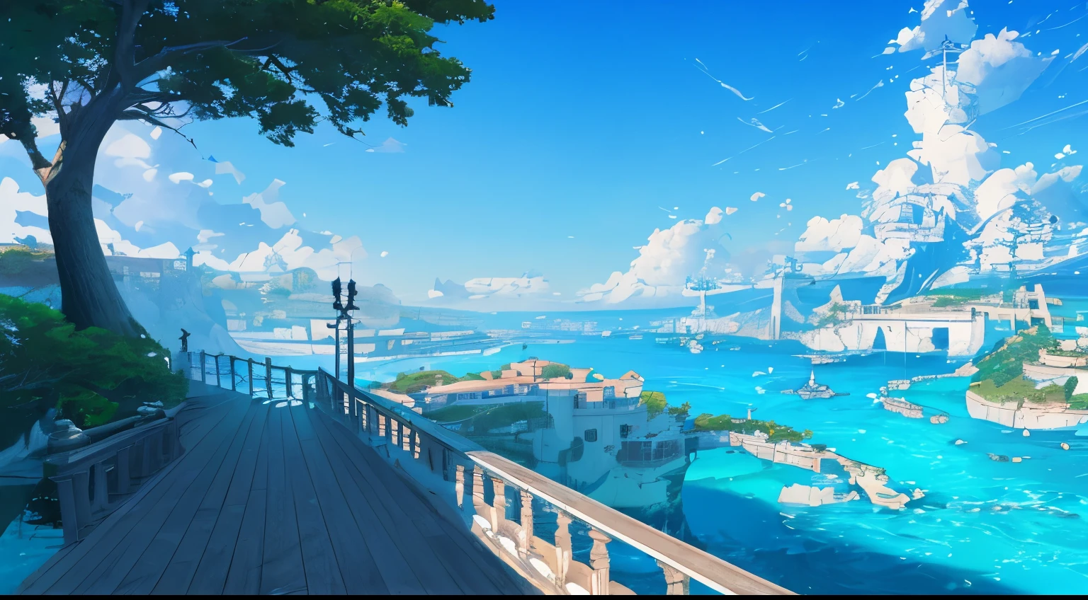 Masterpiece, high detail, 8K resolution, ConceptArt, scenery, water, sky, day, tree, cloud, nature, sea, ancient city of water, ancient waterway, ship harboring, blue sky, from above, Makoto Shinkai artstyle