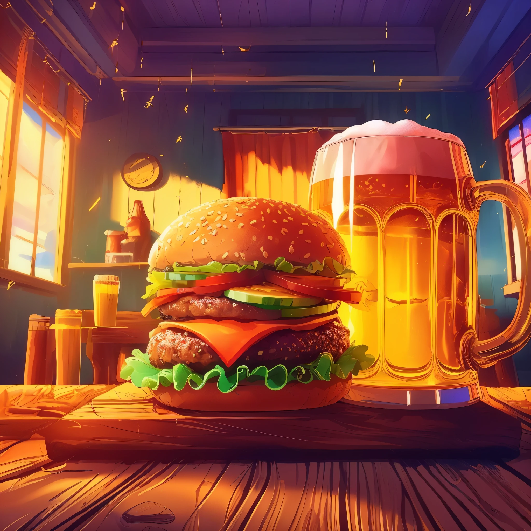 An illustration of a delicious looking hamburger and beer, Commercial Illustration, Detailed 2D illustrations, Great food illustrations, Full color illustrations, Highly detailed illustration, More detailed illustrations, stylized digital illustration, big juicy burger, Digital Illustration -, Detailed game art illustrations, masterpiece, best quality, ultra-detailed, Ultra High Quality, official artwork, cinematic lighting ,best shadow, 8k