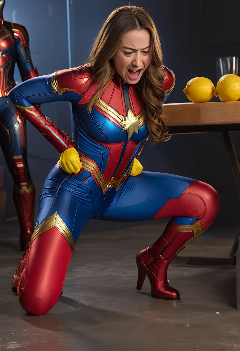 A woman with long brown hair in a tight superhero costume bent over retching and puking, a lemon with a bite out is near her, several superheroes in the background chuckling, extremely detailed, hyper realistic, 8k, photorealistic, studio lighting, physically-based rendering, vibrant colors, dynamic composition, cinematic lighting, superhero, marvel, captain marvel, nausea, sickness, lemon, vomiting, chuckling superheroes