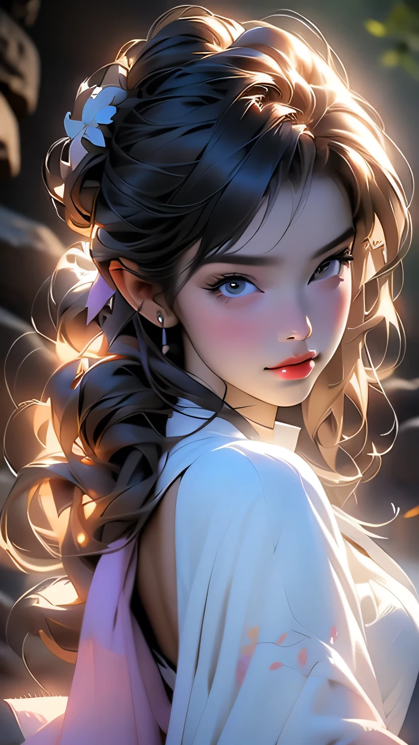 最high quality, (Realistic:1.2), One girl, alone, Detailed face, Face Focus, Are standing, Black Hair,(hair ornaments:1.35),office lady, Sleeves edged with ribbon, Removable sleeves, Ribbon trim, Wide sleeves, (View Viewer:1.5) Long Hair, Iris, bangs, lips, Detailed face、Detailed eyes、Detailed long eyelashes、Detailed lips、 (Upper body portrait)、masterpiece, 最high quality, high quality, High resolution, (In a dimly lit cave),
