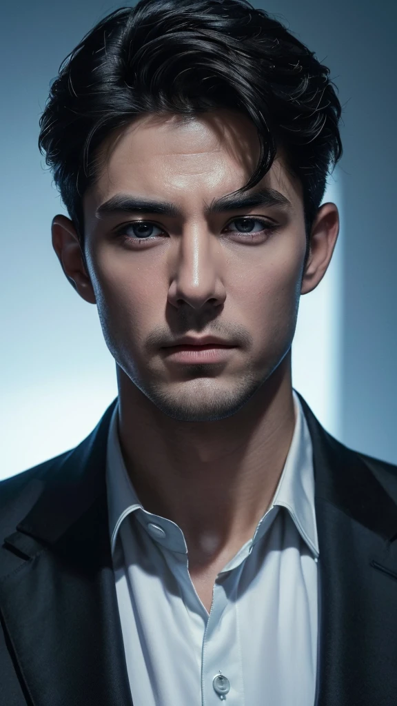 (best quality, masterpiece, 8 thousand, realistic, cinematic lighting, 1:4 HDR images, very detailed, beautiful photoature man, very handsome, ((cold expression)), black short hair, black eye, A perfect face without any mistakes, ((Buttoning my jacket, chief executive))