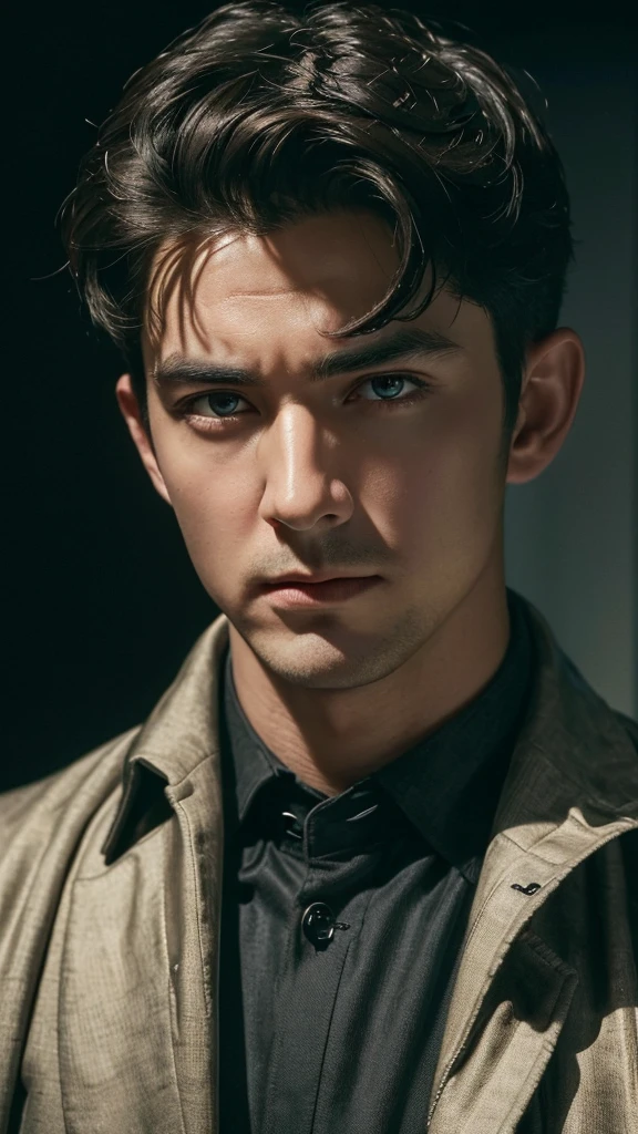 (best quality, masterpiece, 8 thousand, realistic, cinematic lighting, 1:4 HDR images, very detailed, beautiful photoature man, very handsome, ((cold expression)), black short hair, black eye, A perfect face without any mistakes, ((Buttoning my jacket, chief executive))