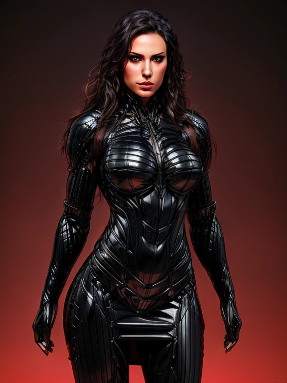 a close portrait photography of a woman in latex dress+++, (full body sexy pose)+, digital art, highly detailed, intricate, sharp focus, digital painting, concept art, ambient lighting, 4k, artstation, 1girl, black_hair, bodysuit, breasts, cleavage, ponytail