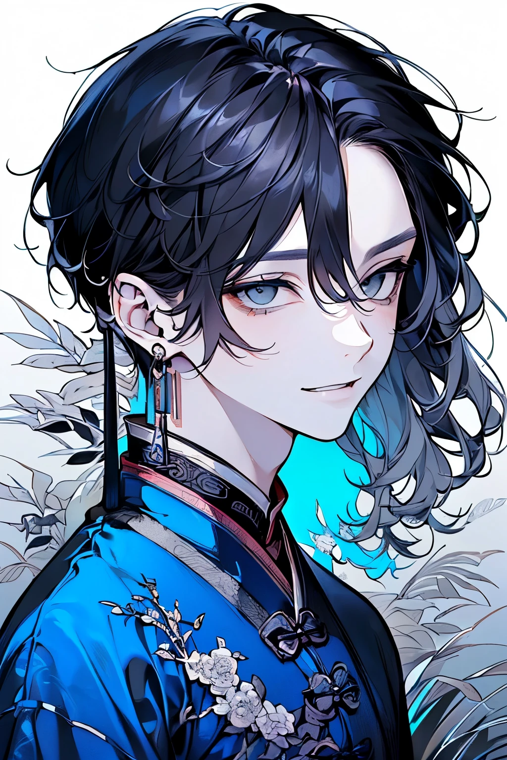 (Adult male, around 25 years old:1.45)、(masterpiece、highest quality、highest quality、Beautiful and beautiful:1.2)、(Good anatomy:1.5)、(Short wavy hair:1.5)、(black hair:1.4)、(Rich nature background:1.2)、(Hanfu costume:1.35)、Large earrings、((Blue Costume:1.1))、((Grey Eyes:1.3))、((Active movement:1.2))、A wide smile with a happy mouth、Close-up of face、front