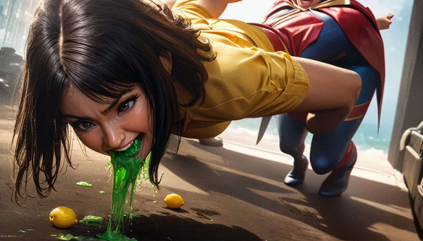 a woman with long dark hair bent over, vomiting, lemon with a bite out of it, several superheroes laughing and chuckling around her, full body, comedy, highly detailed, 8k, photorealistic, dynamic pose, cinematic lighting, vibrant colors, dramatic shadows, comic book art style