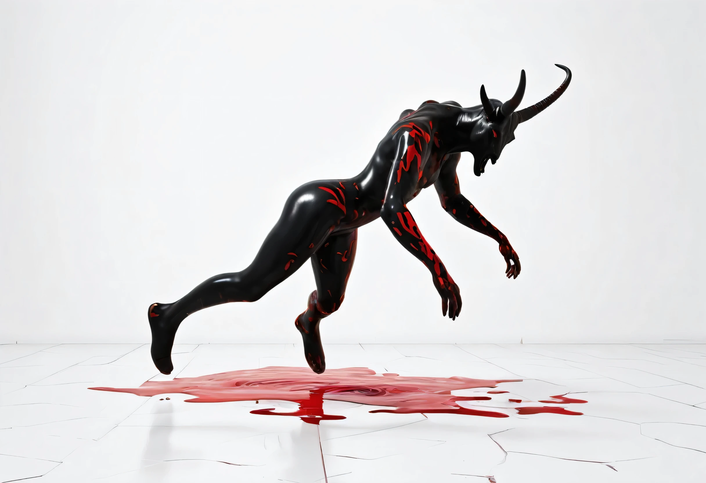 A strange and bizarre No arm and no leg disgusting being black with plastic texture with horns on a white background 3d In a distorted background and red paint on the floor running down and things decaying 3d plastic