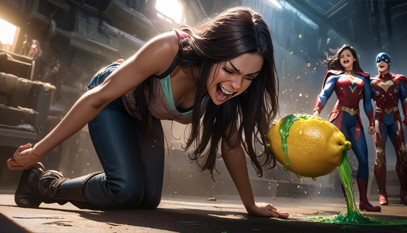 ( Screaming),Reaching the climax:1.3,one girls, short-cut、masutepiece、Bottoms are randomly generated、( Cucumber Illustration One Piece)、Dark hair、GI Cut、Eyes closed、rampage、Background bokeh:1.5