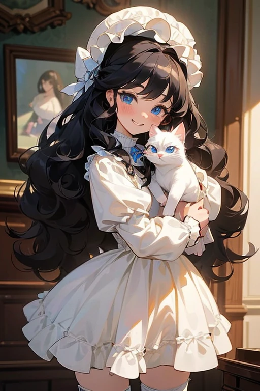 (masterpiece, best quality), warm lighting, blurry foreground, ((White ruff)), 1 girl, cowboy shot, ((victorian outfit)), (lolita attire), (((fluffy hair))), makeup, finely detailed, (best quality), (intricate details), ((Long jet black hair)), ((Hair is fluffy)), best quality, ((Puffy long sleeve dress)), (white ruff), ((Thigh high socks)), ((socks are white)), ((round eyes)), beautiful face, cute face, pinup, perfect face, (((blue eyes))), ((curly long hair)), ((Bratty smile)), happy, holding ONE white kitty