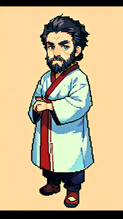 Old man in ancient Chinese costume、Wise Old Man、Looking into the camera、There is a topknot on the head、Long sleeve、Hanfu、Black Hair、Standing and posing with arms crossed、part your bangs in the middle、Pixel art、(masterpiece, highest quality, highest quality), pixel,pixel art,whole body,Characters in Romance of the Three Kingdoms、Transform、beard、Short Deformation