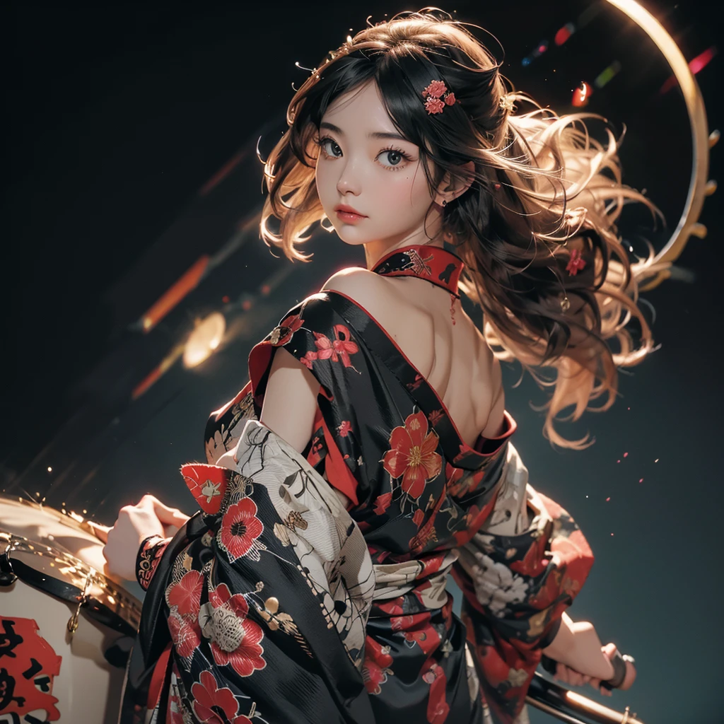 t4n4k4, black and red sleeveless kimono、highest quality、Masterpiece、Official Art、Award-winning works、photograph、The best light source、Japanese drum、Japanese drumを打つ美少女、Representing the sound pressure of a drum、hot air、force、kimono, from behind, off shoulder, Lively, bright eyes、Colorful portraits、Black Hair、Torsion、A picture of the moment the drums are struck、Frontal composition facing the viewer、Holding drumsticks in both hands、Left hand on top, right hand on drum、