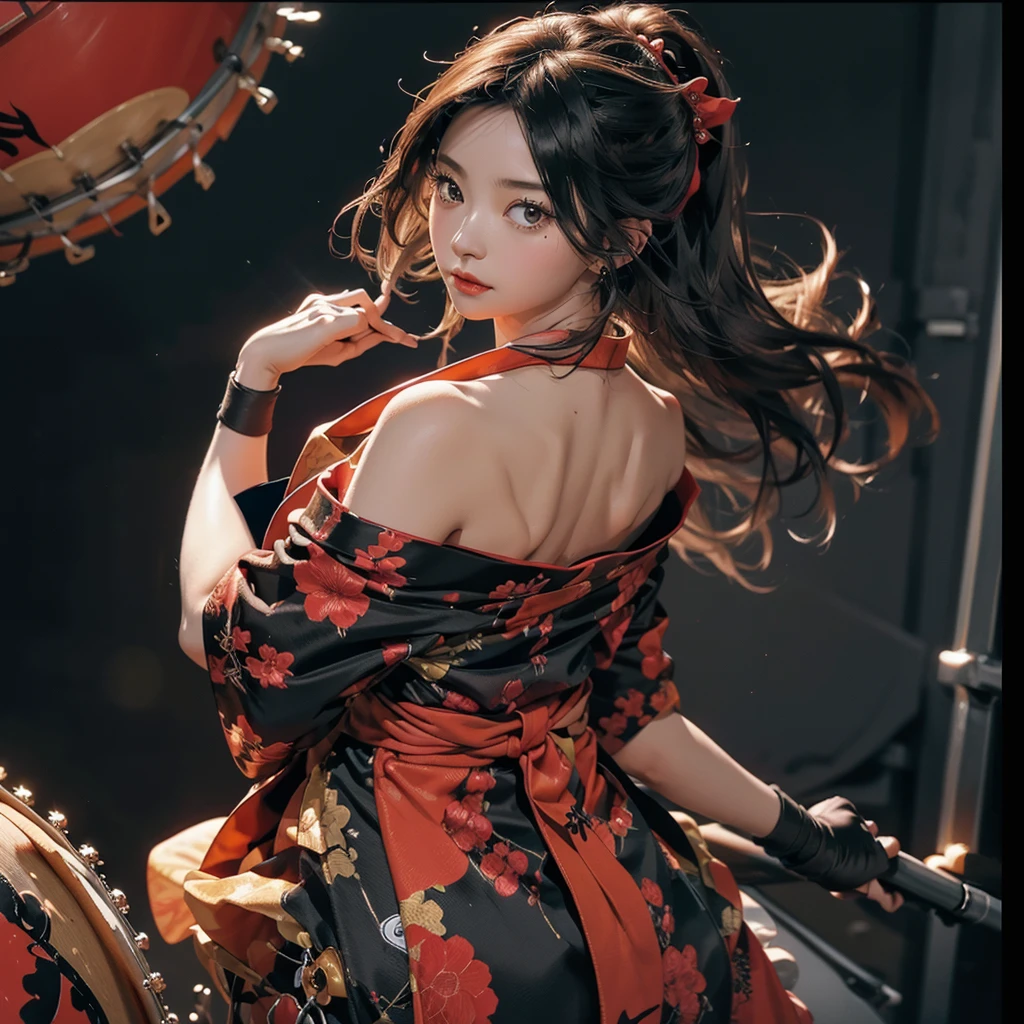 t4n4k4, black and red sleeveless kimono、highest quality、Masterpiece、Official Art、Award-winning works、photograph、The best light source、Japanese drum、Japanese drumを打つ美少女、Representing the sound pressure of a drum、hot air、force、kimono, from behind, off shoulder, Lively, bright eyes、Colorful portraits、Black Hair、Torsion、A picture of the moment the drums are struck、Frontal composition facing the viewer、Holding drumsticks in both hands、Left hand on top, right hand on drum、