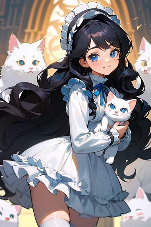 (masterpiece, best quality), warm lighting, blurry foreground, ((White ruff)), 1 girl, cowboy shot, ((victorian outfit)), (lolita attire), (((fluffy hair))), makeup, finely detailed, (best quality), (intricate details), ((Long jet black hair)), ((Hair is fluffy)), best quality, ((Puffy long sleeve dress)), (white ruff), ((Thigh high socks)), ((socks are white)), ((round eyes)), beautiful face, cute face, pinup, perfect face, (((blue eyes))), ((curly long hair)), ((Bratty smile)), happy, holding ONE white kitty