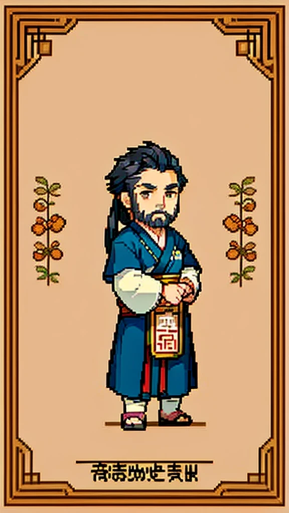 Old man in ancient Chinese costume、Wise Old Man、Looking into the camera、There is a topknot on the head、Long sleeve、Hanfu、Black Hair、Standing and posing with arms crossed、part your bangs in the middle、Pixel art、(masterpiece, highest quality, highest quality), pixel,pixel art,whole body,Characters in Romance of the Three Kingdoms、Transform、beard、Short Deformation