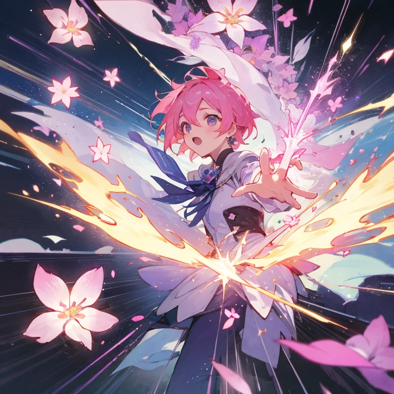 Dynamic composition with scatter effect, dynamic pose, dynamic perspective, cute magical pink and purple, flowers and jewellry